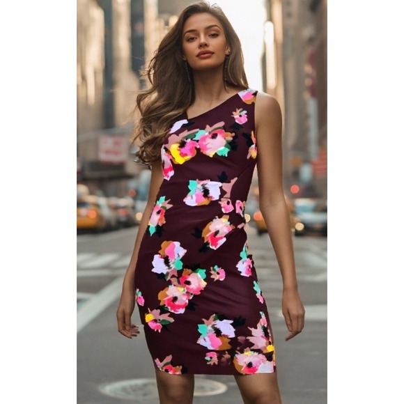 Laundry By Shelli Segal Dresses & Skirts - 90s Laundry Dress Womens Size XS 2 Plum Jersey Floral Sleeveless Sheath Ruched